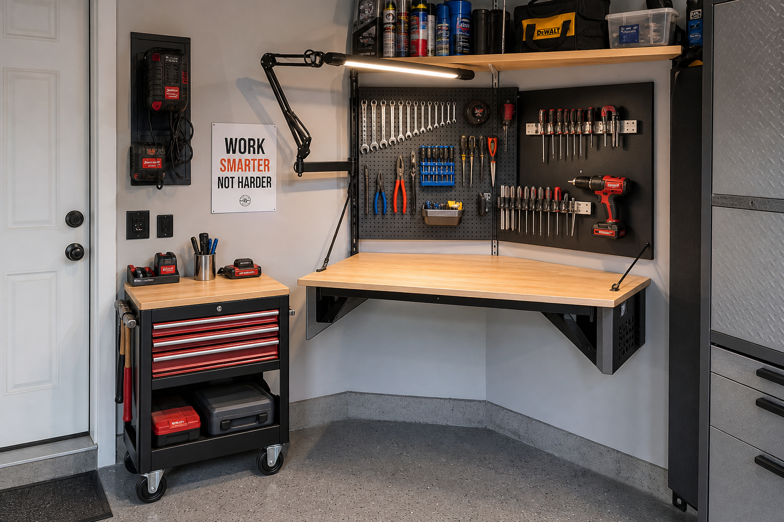Compact garage workspace with fold-down workbench and organized tool storage