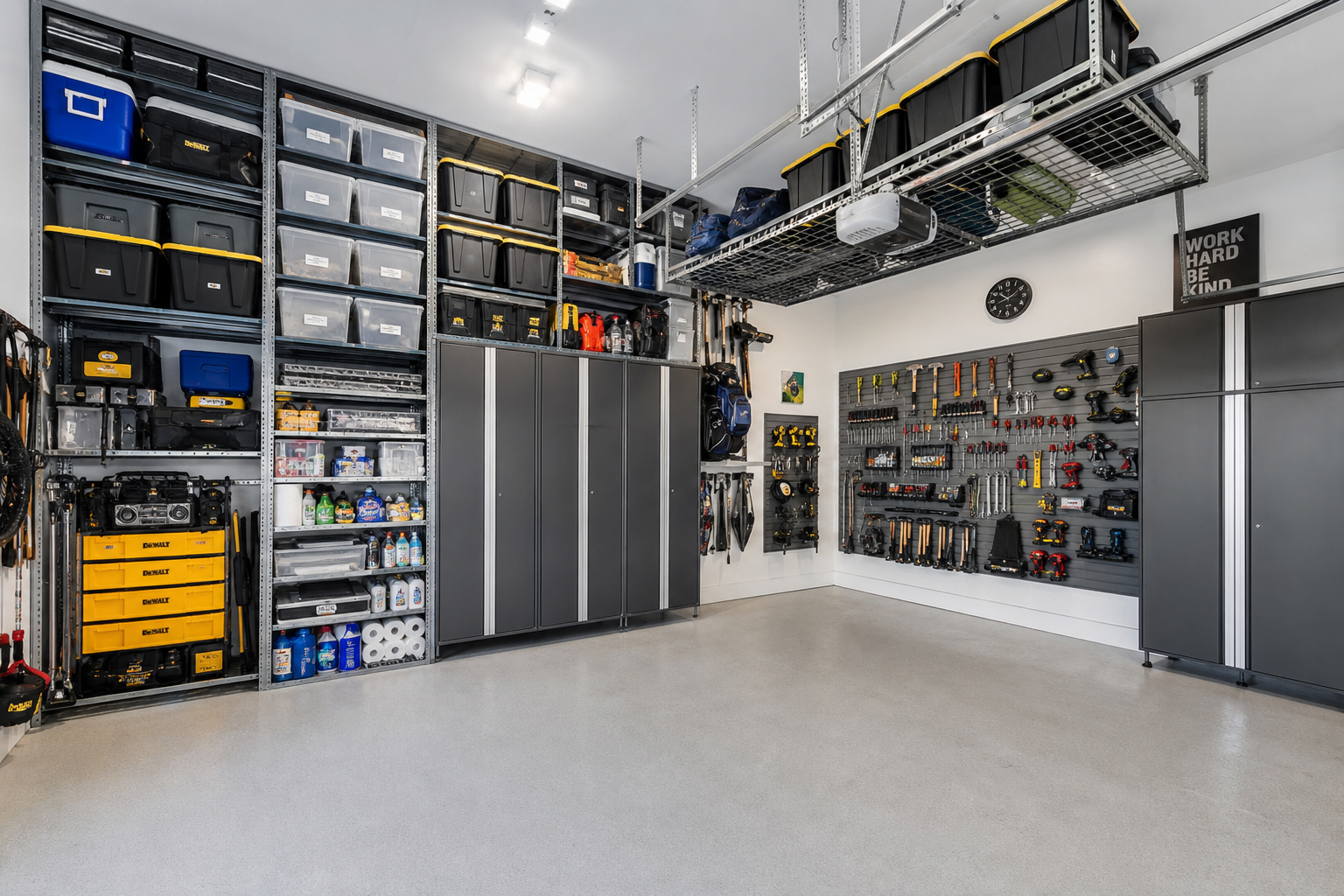 Garage with vertical storage systems including wall-mounted shelves, pegboards, and overhead racks