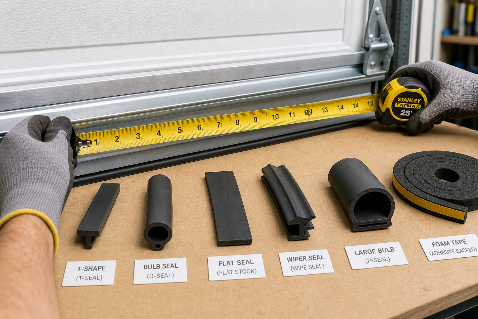 Measuring tape on garage door rail with different weatherstripping profiles for comparison