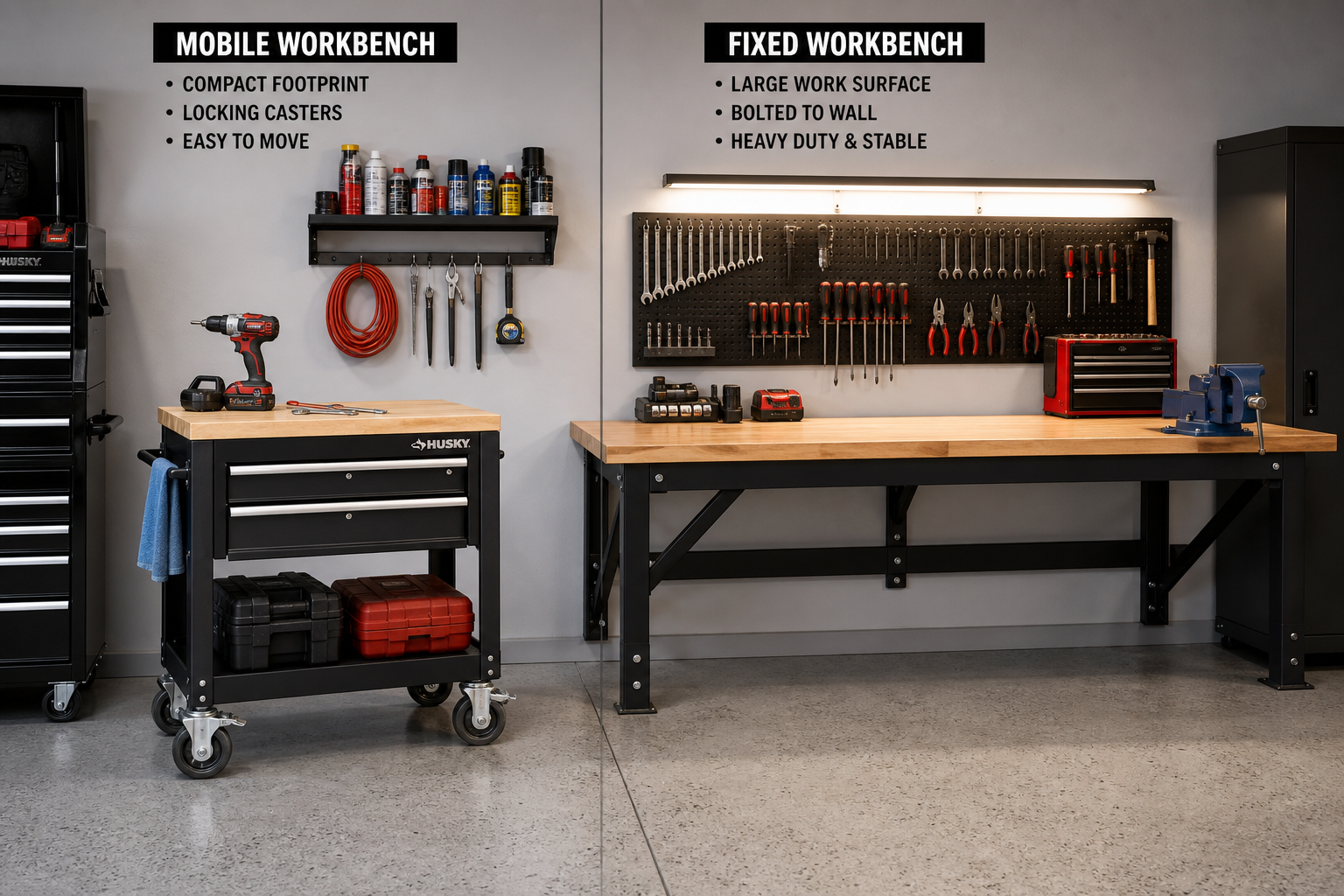 Comparison of mobile workbench with wheels next to larger fixed workbench showing design differences