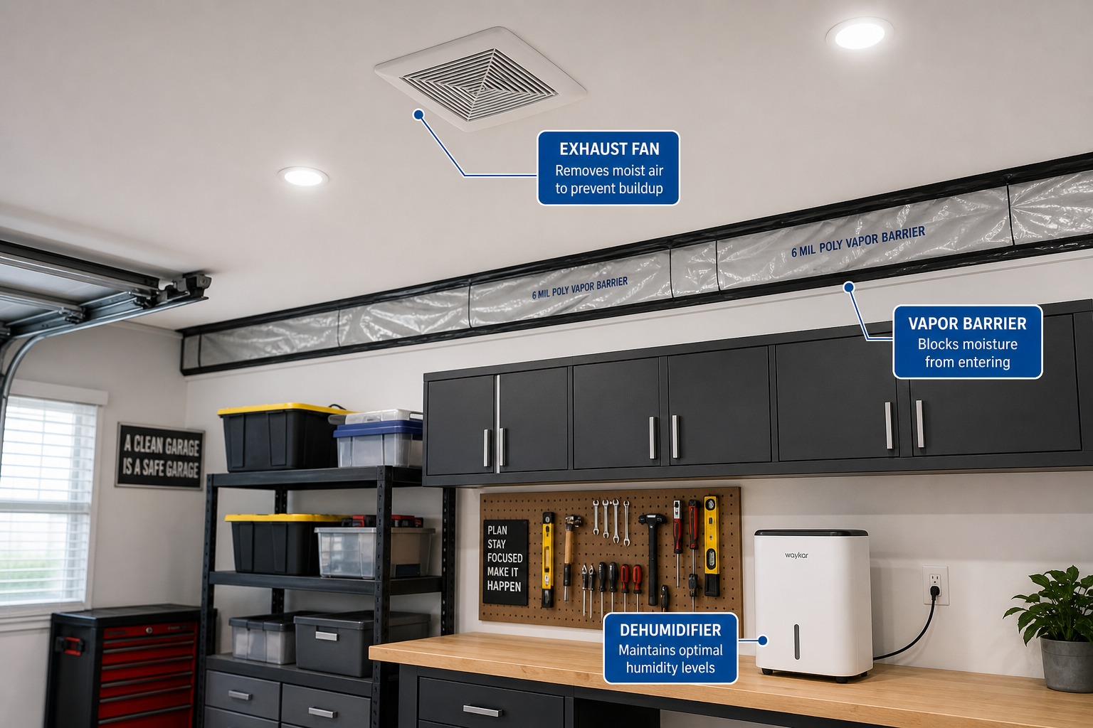 Garage ceiling with installed exhaust fan and dehumidifier for moisture control