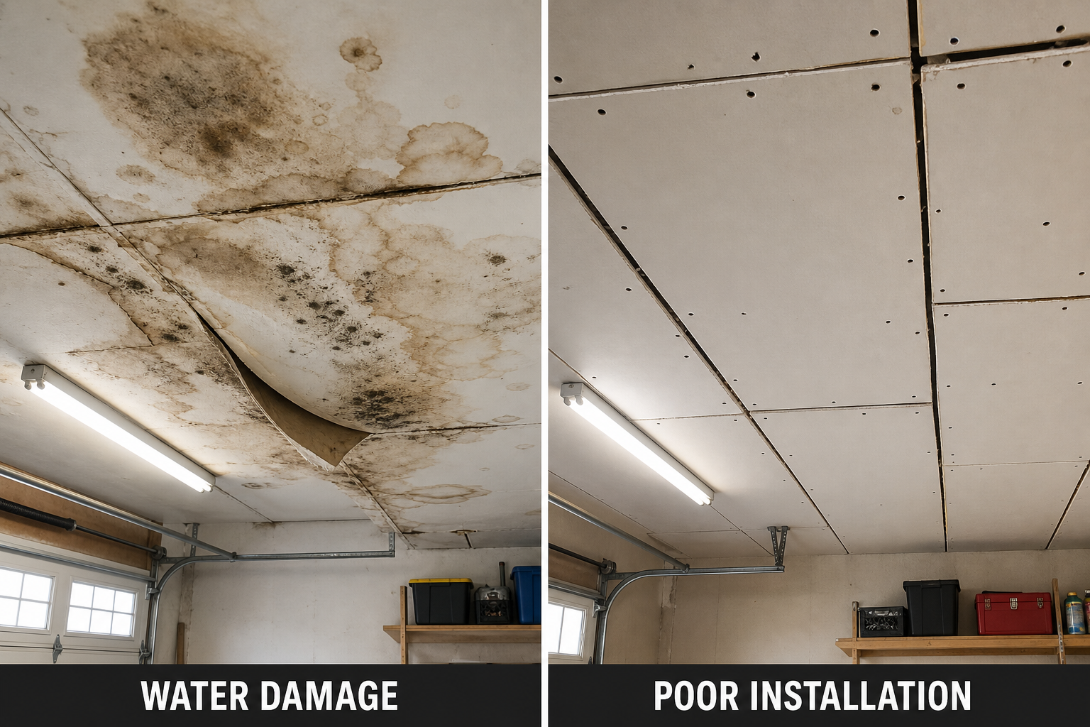 Comparison of moisture-damaged drywall versus improperly installed garage ceiling panels