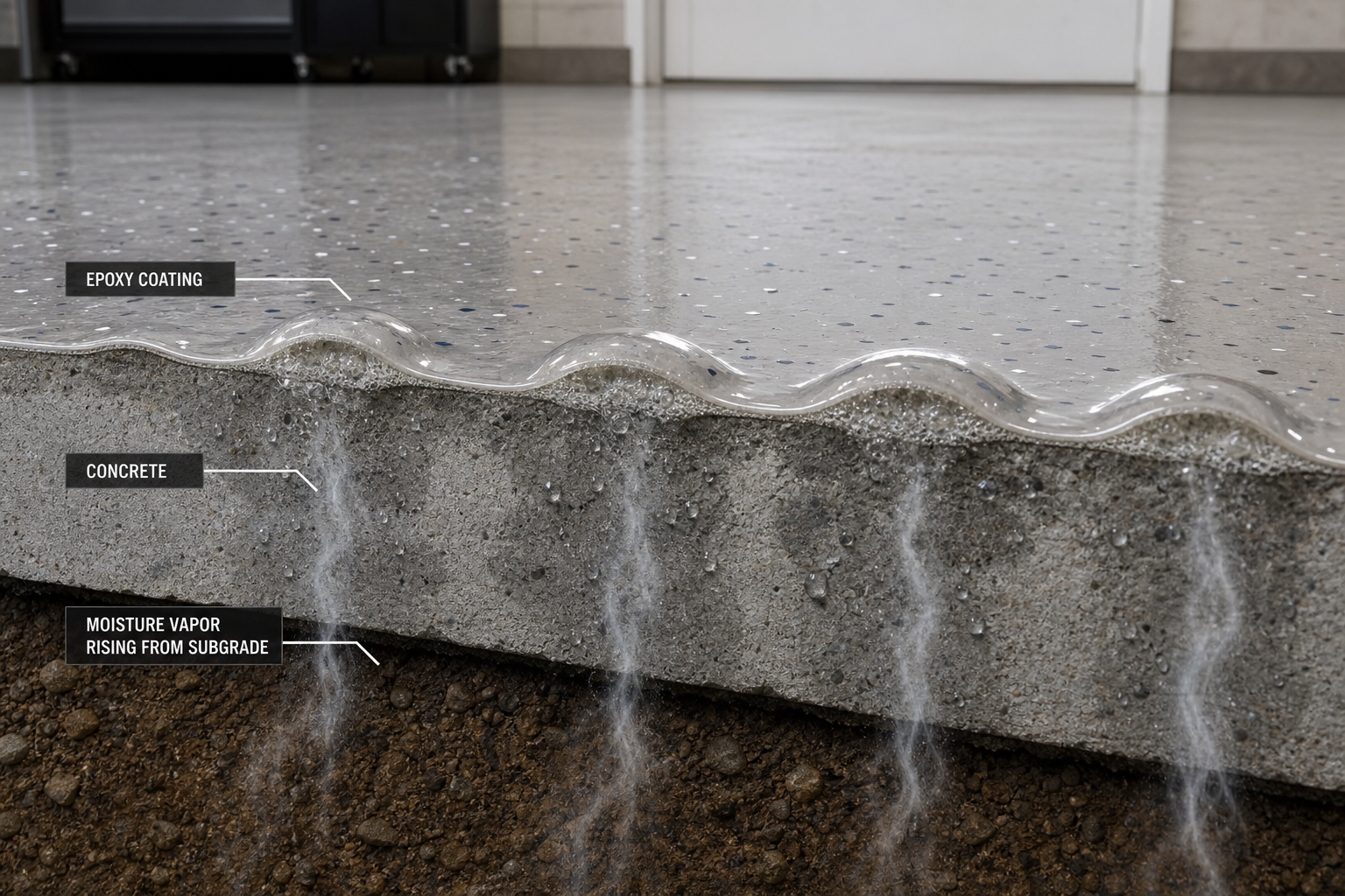 Cross-section view showing how moisture from concrete causes bubbles in epoxy floor coating