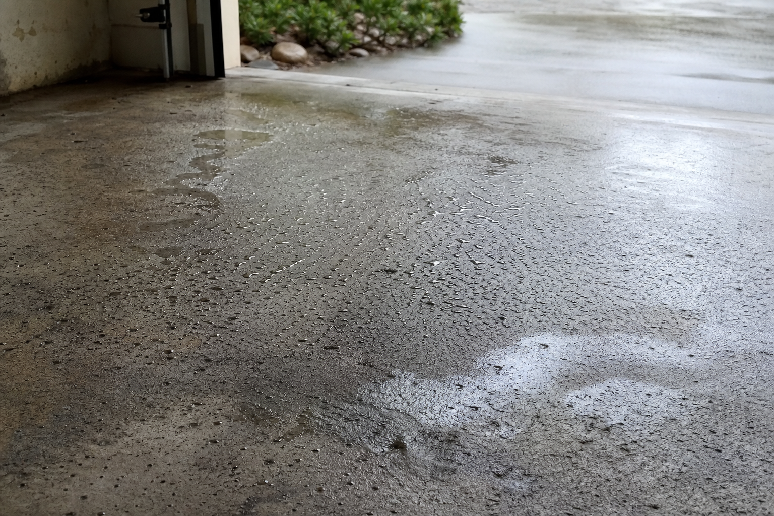 Concrete garage floor with moisture seepage and water droplets