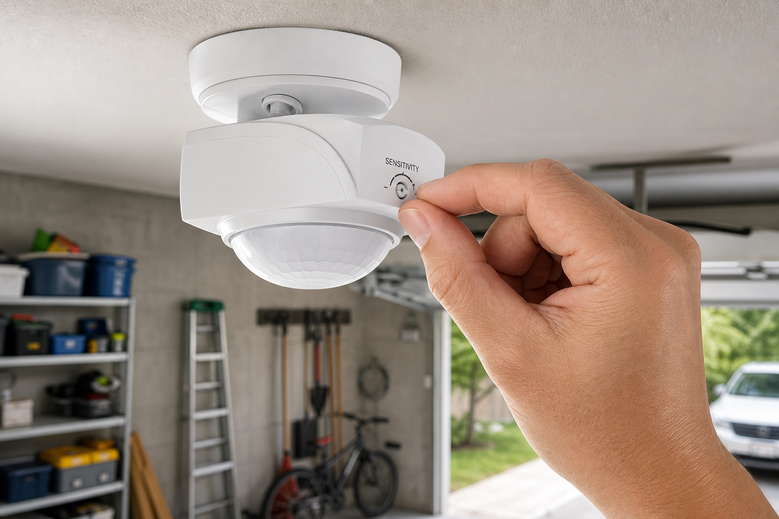 Hand adjusting sensitivity settings on a garage motion sensor