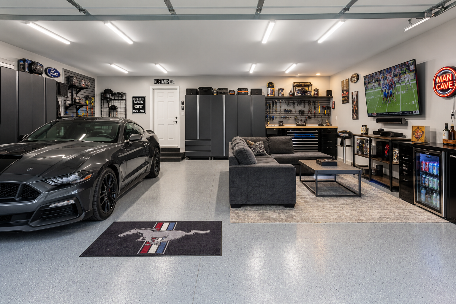 Garage with multipurpose layout showing car parking area and man cave section