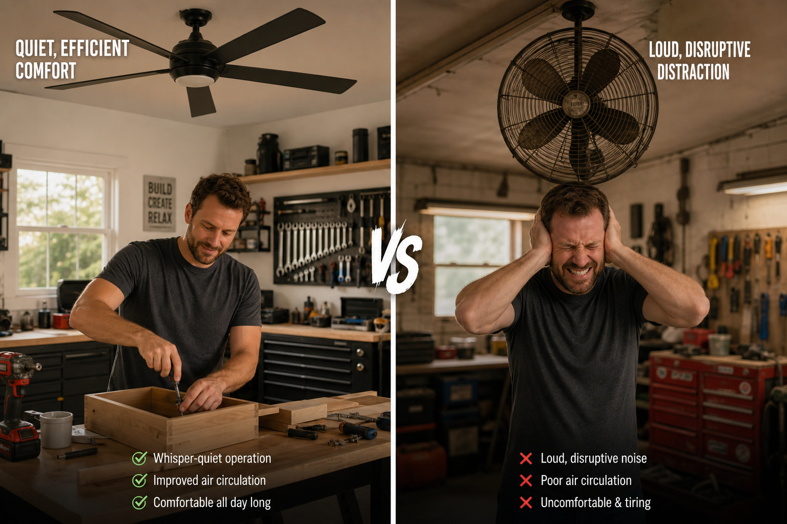 Comparison showing the impact of fan noise levels on garage workspace comfort