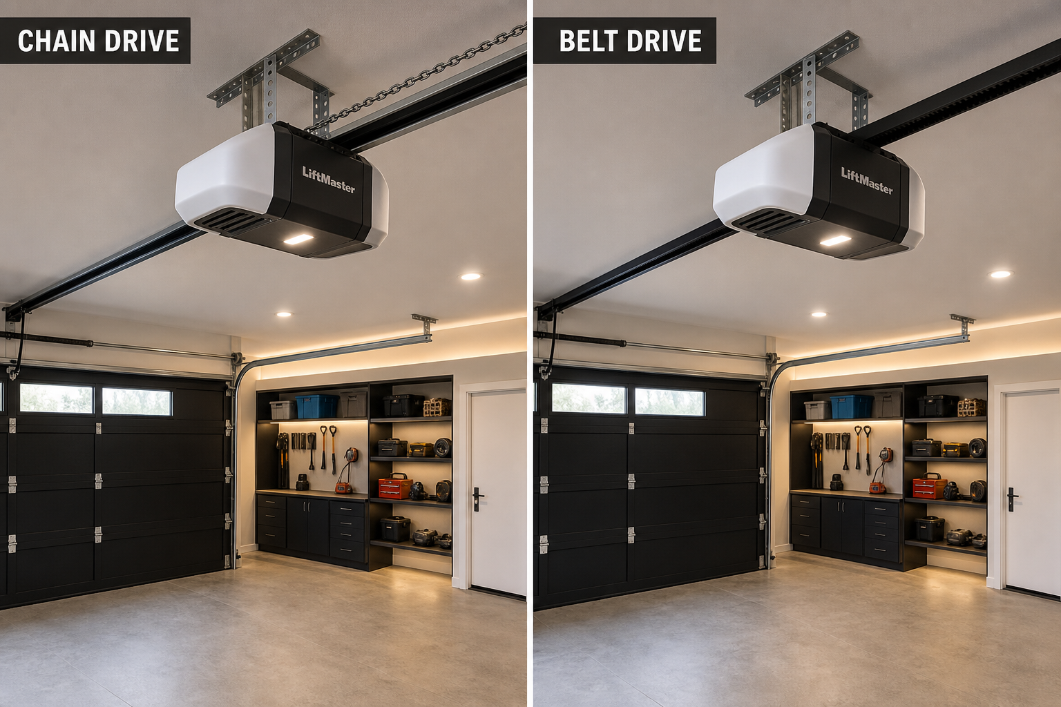 Side-by-side comparison of chain drive and belt drive garage door opener systems