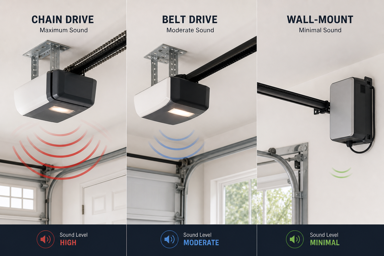 Comparison of three garage door opener types showing different noise levels