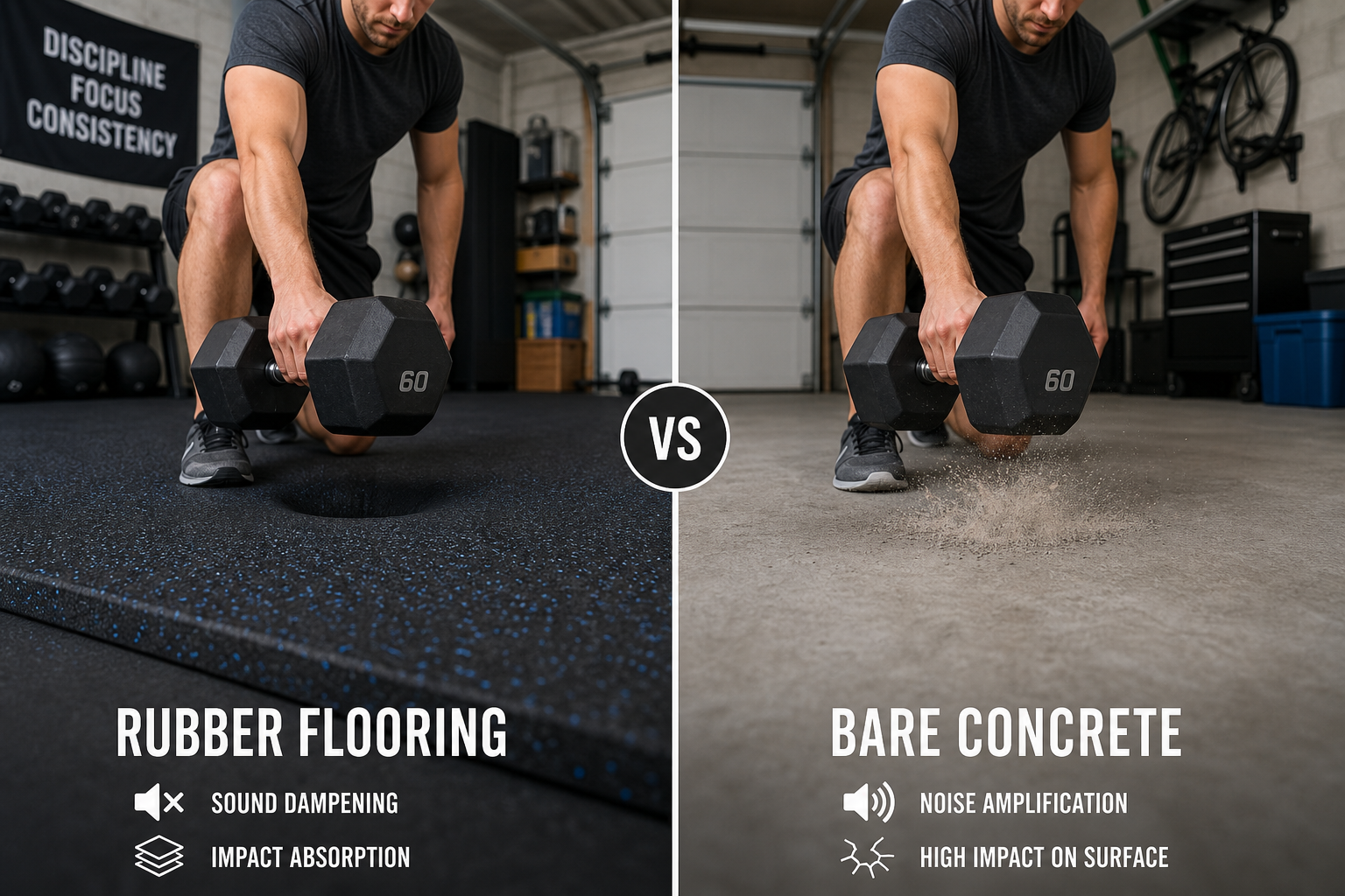 Person setting down weights on thick rubber gym flooring showing impact absorption