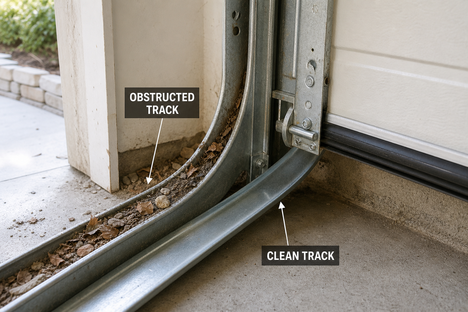 Debris and obstructions blocking garage door track rails