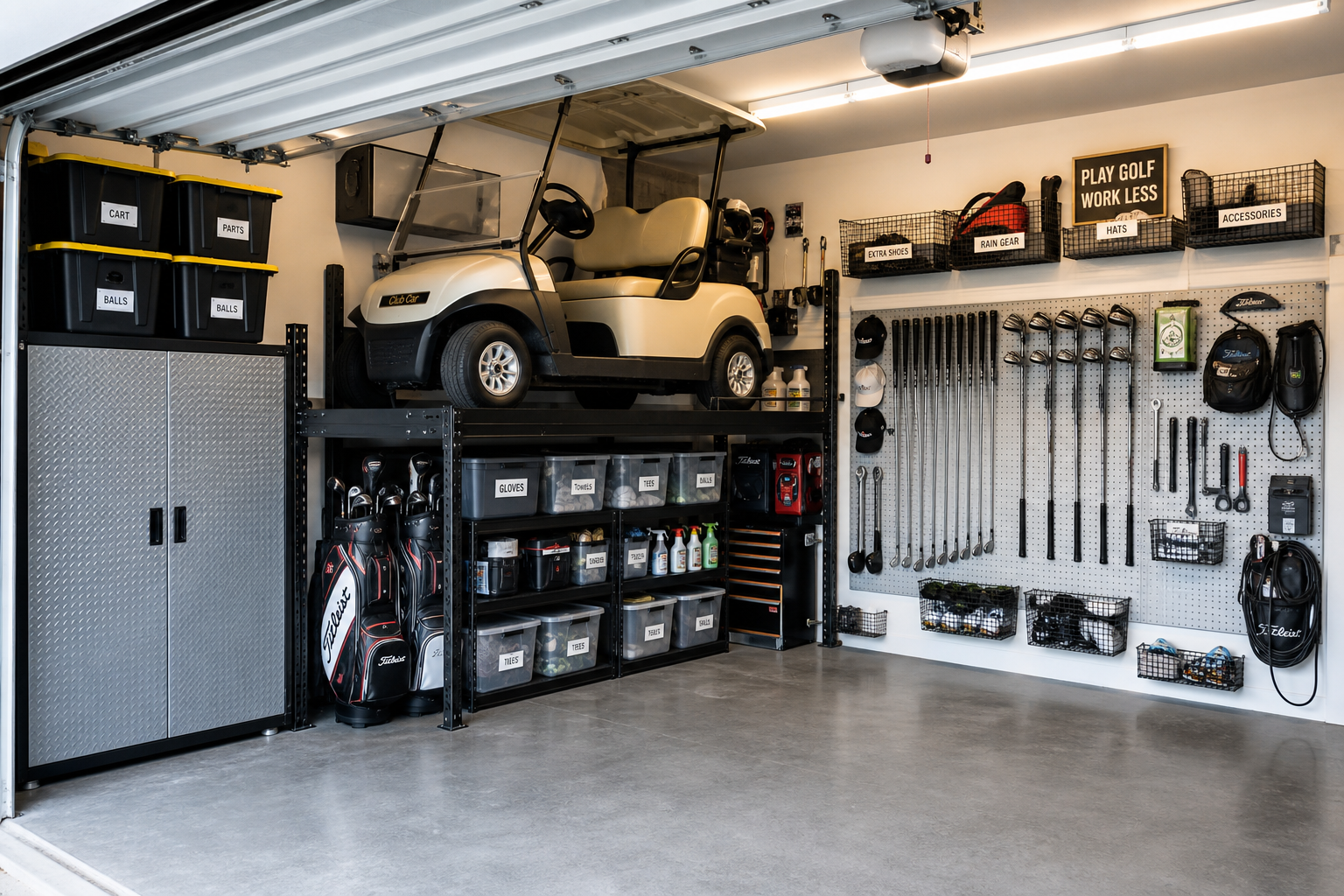 Organized garage storage system with golf cart on elevated rack and storage solutions underneath