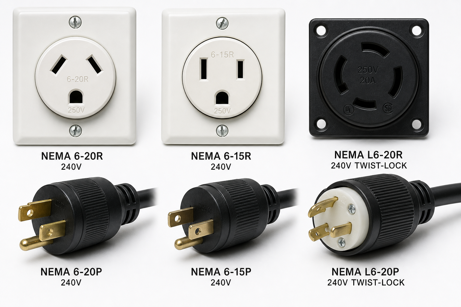 Various 240V outlet types and receptacles for garage power tools