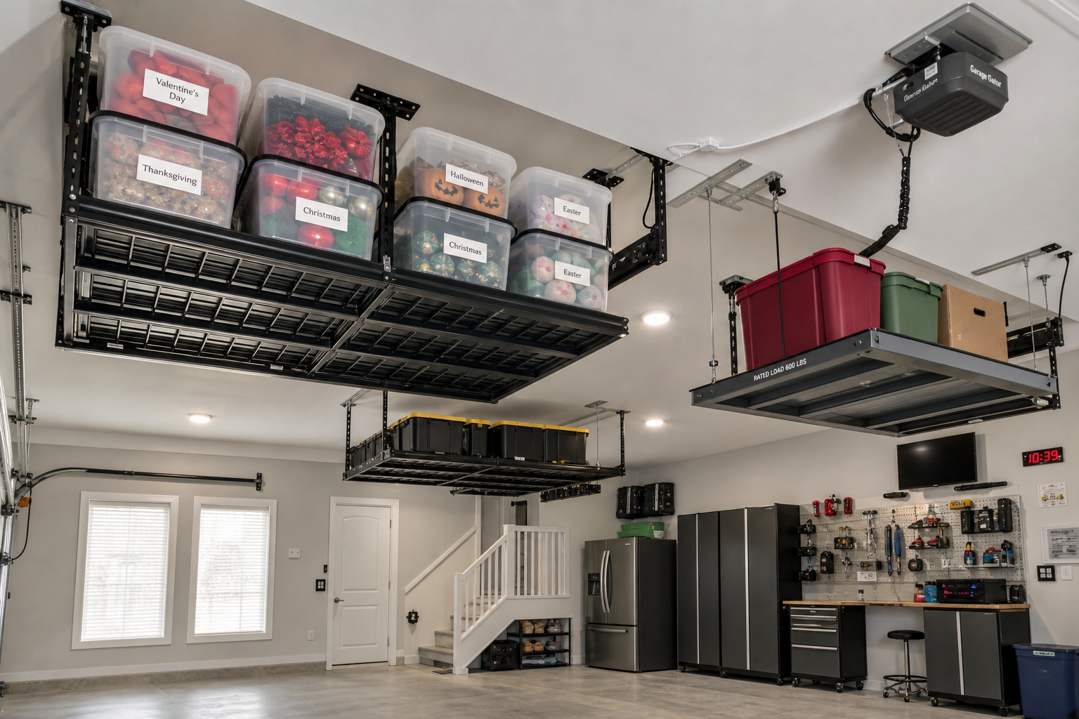 Garage ceiling with overhead storage racks holding holiday decoration containers
