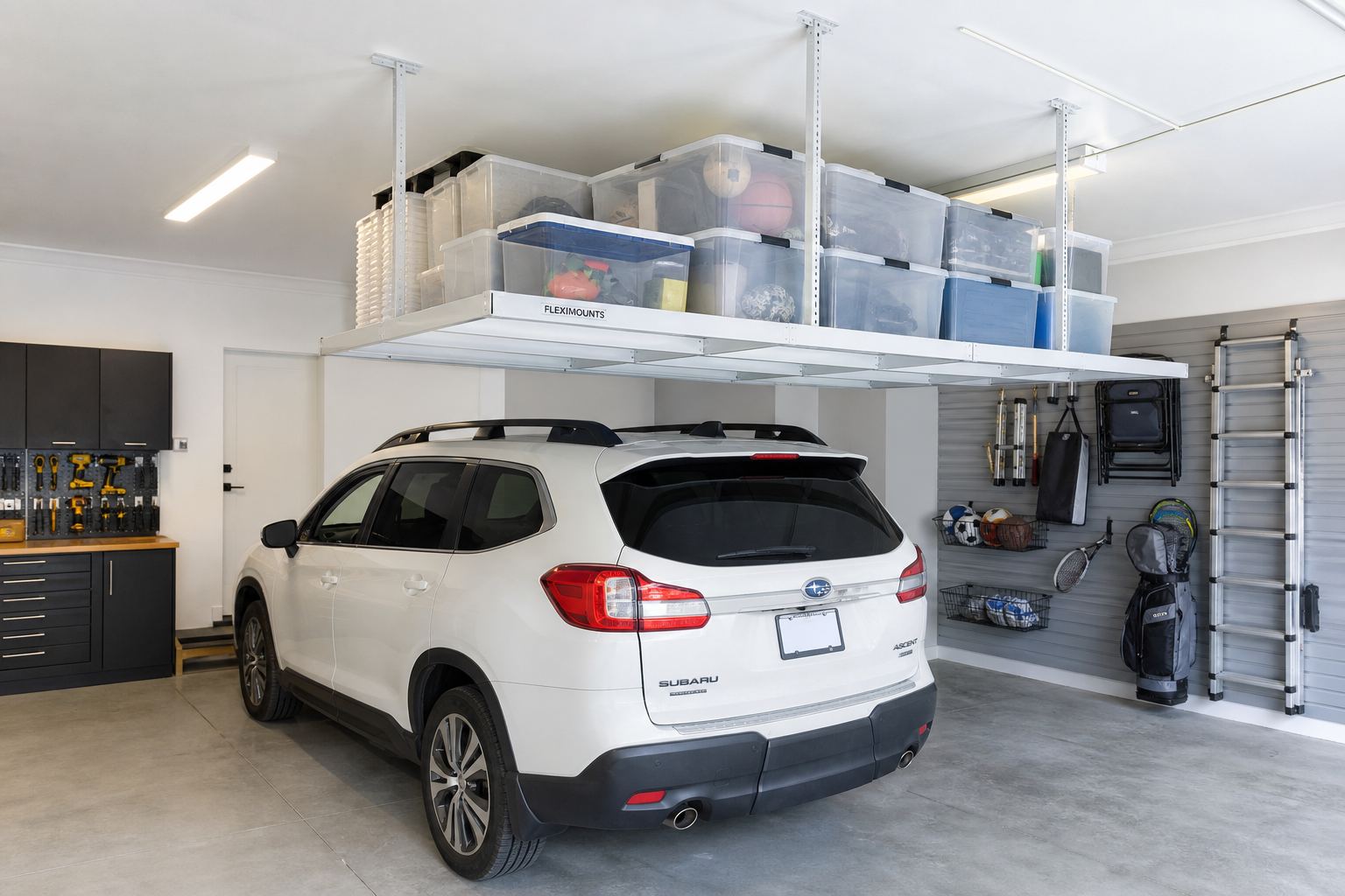 Fleximounts overhead storage platform installed in organized garage