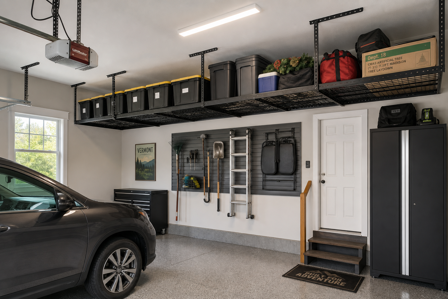Garage ceiling with overhead storage racks and organized bins