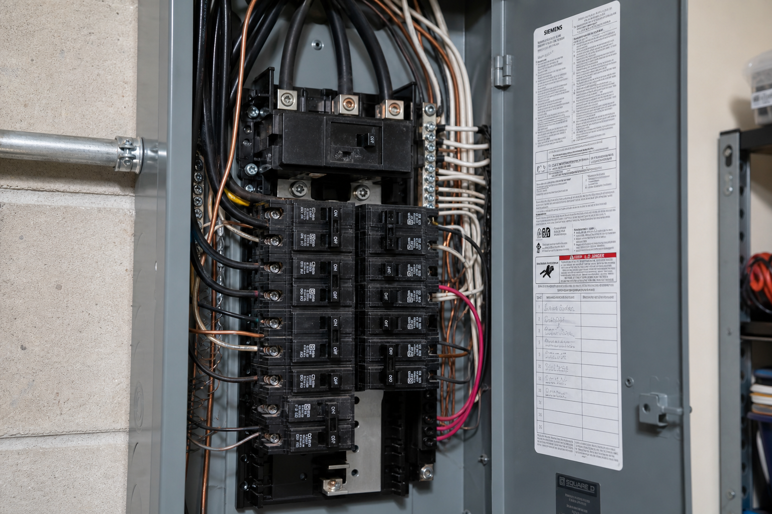 Electrical subpanel with multiple circuit breakers and bundled wires showing signs of overload