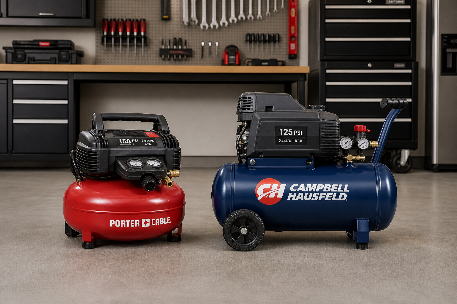 Side-by-side comparison of pancake and hot dog style air compressors in garage setting