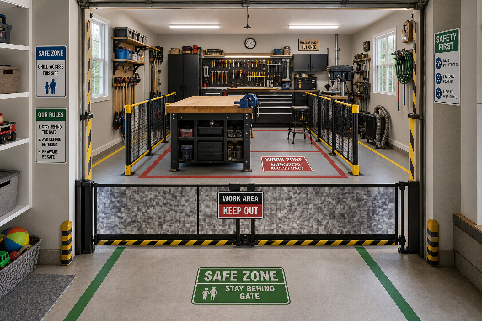 Garage workshop with safety gates and physical barriers creating child-safe zones