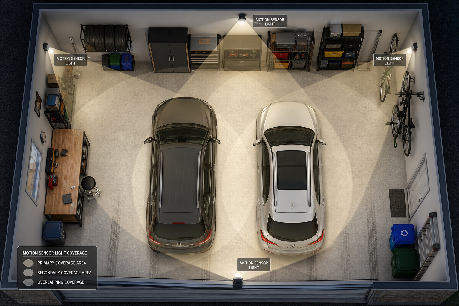 Overhead view of garage showing motion sensor light placement and coverage areas highlighted on the floor