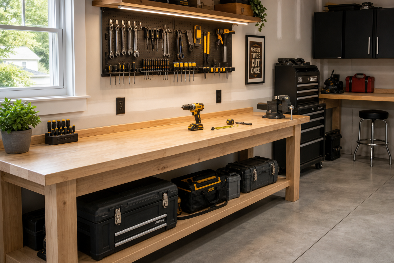 Garage workbench with properly positioned electrical outlets at optimal working height