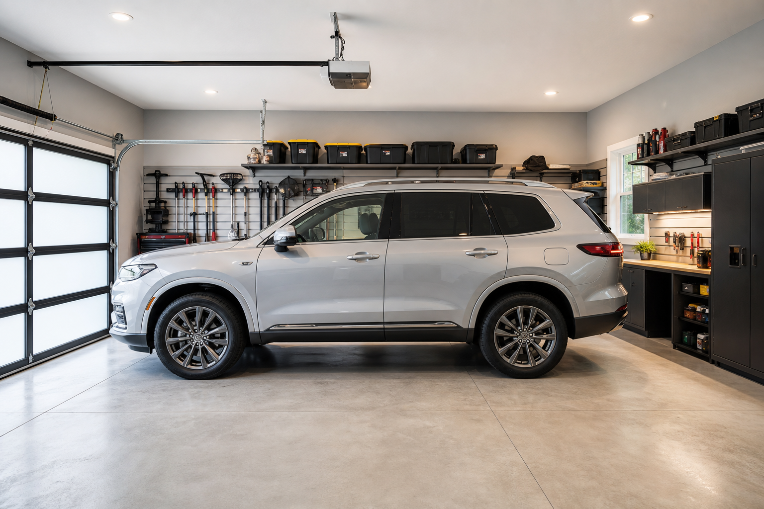 Side view of SUV in garage showing proper clearance spacing around vehicle