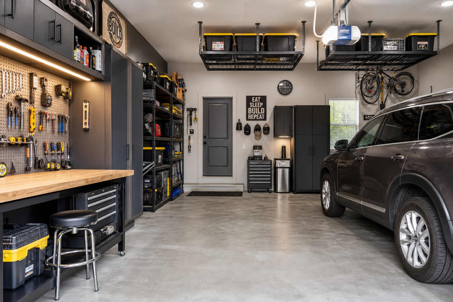 Garage interior showing integrated workspace with tool storage and shelving alongside parked car