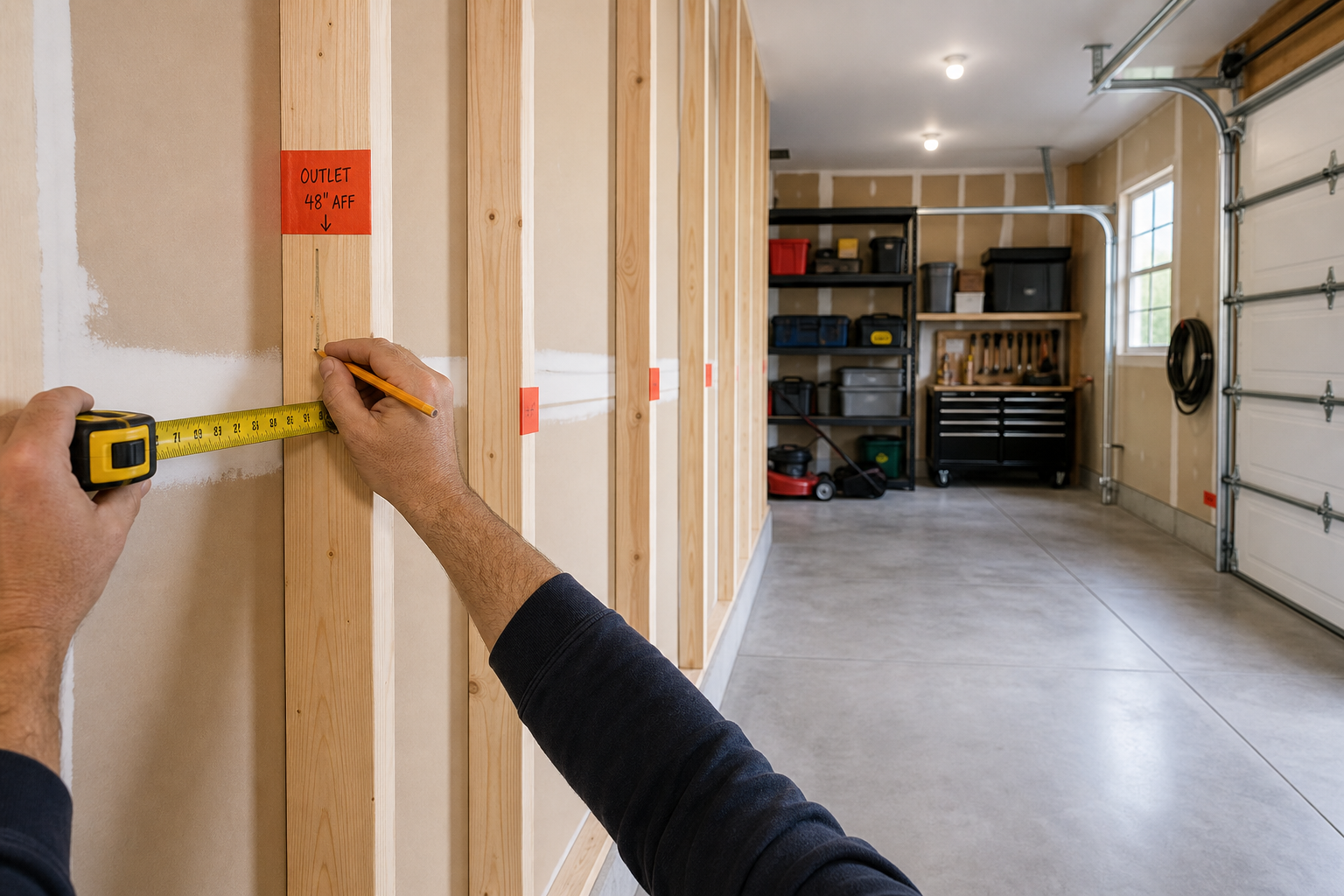 Person measuring and marking electrical outlet locations on garage wall studs