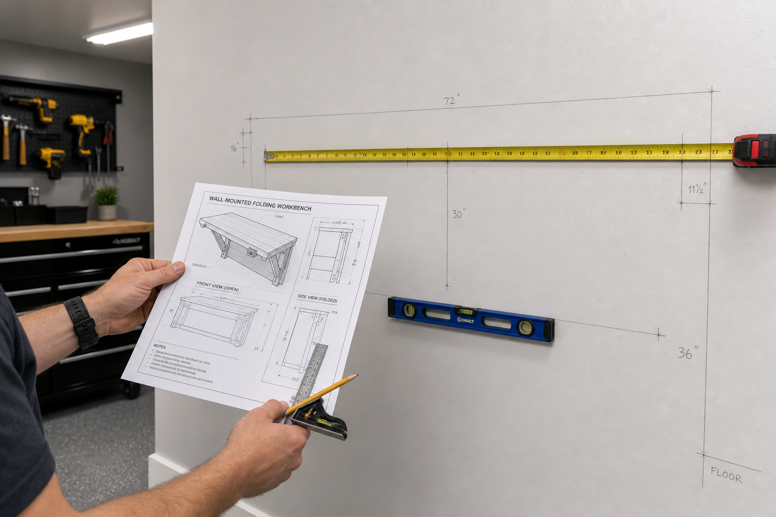 Planning measurements on garage wall for folding workbench installation