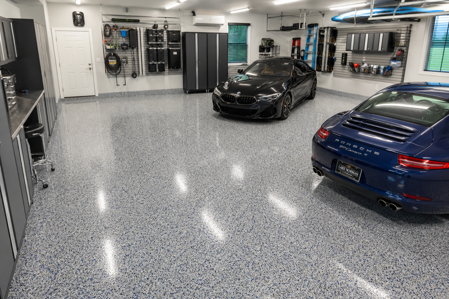 Garage with polyurea floor coating system showing speckled finish