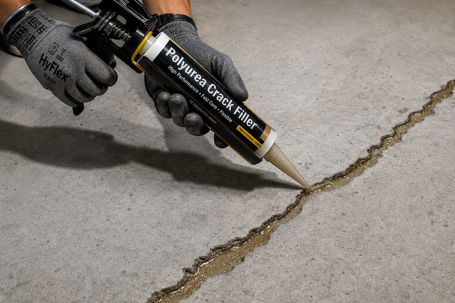 Polyurea crack filler being applied to concrete garage floor crack