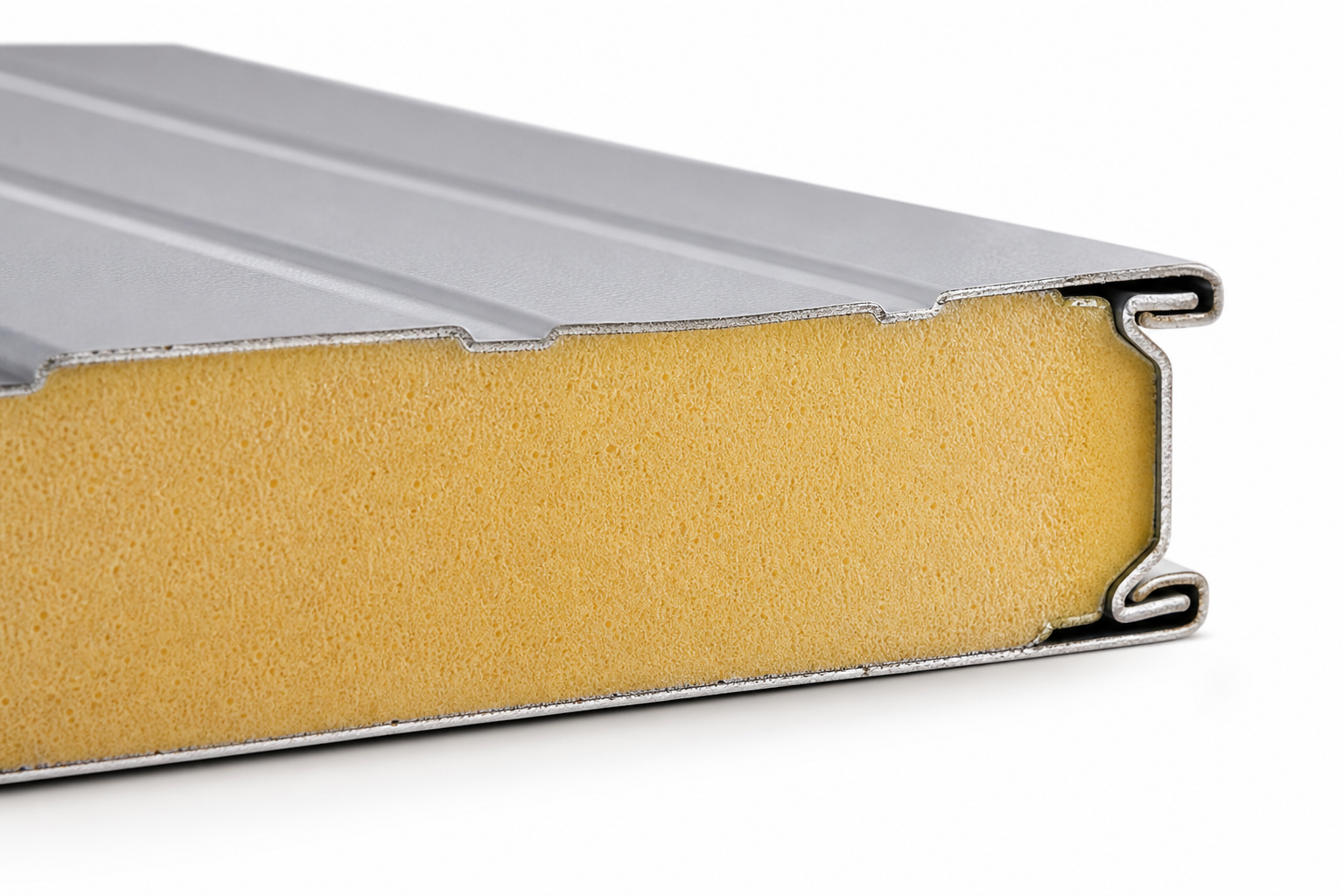 Cross-section view of garage door panel showing dense polyurethane foam insulation core between metal layers