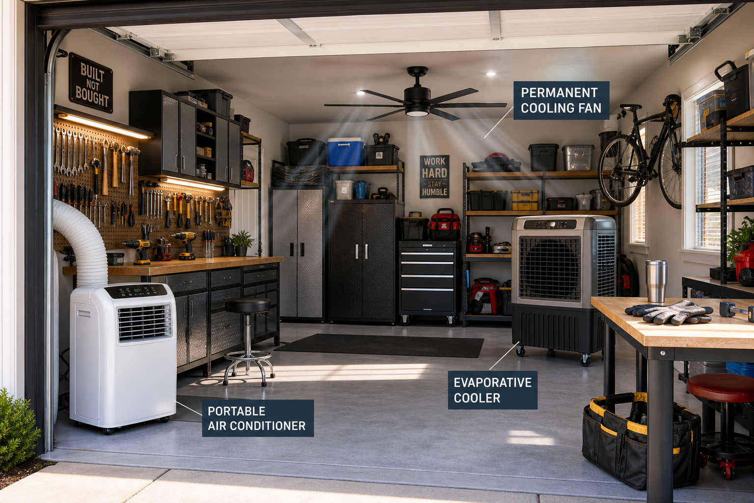 Garage interior with various portable and permanent cooling equipment
