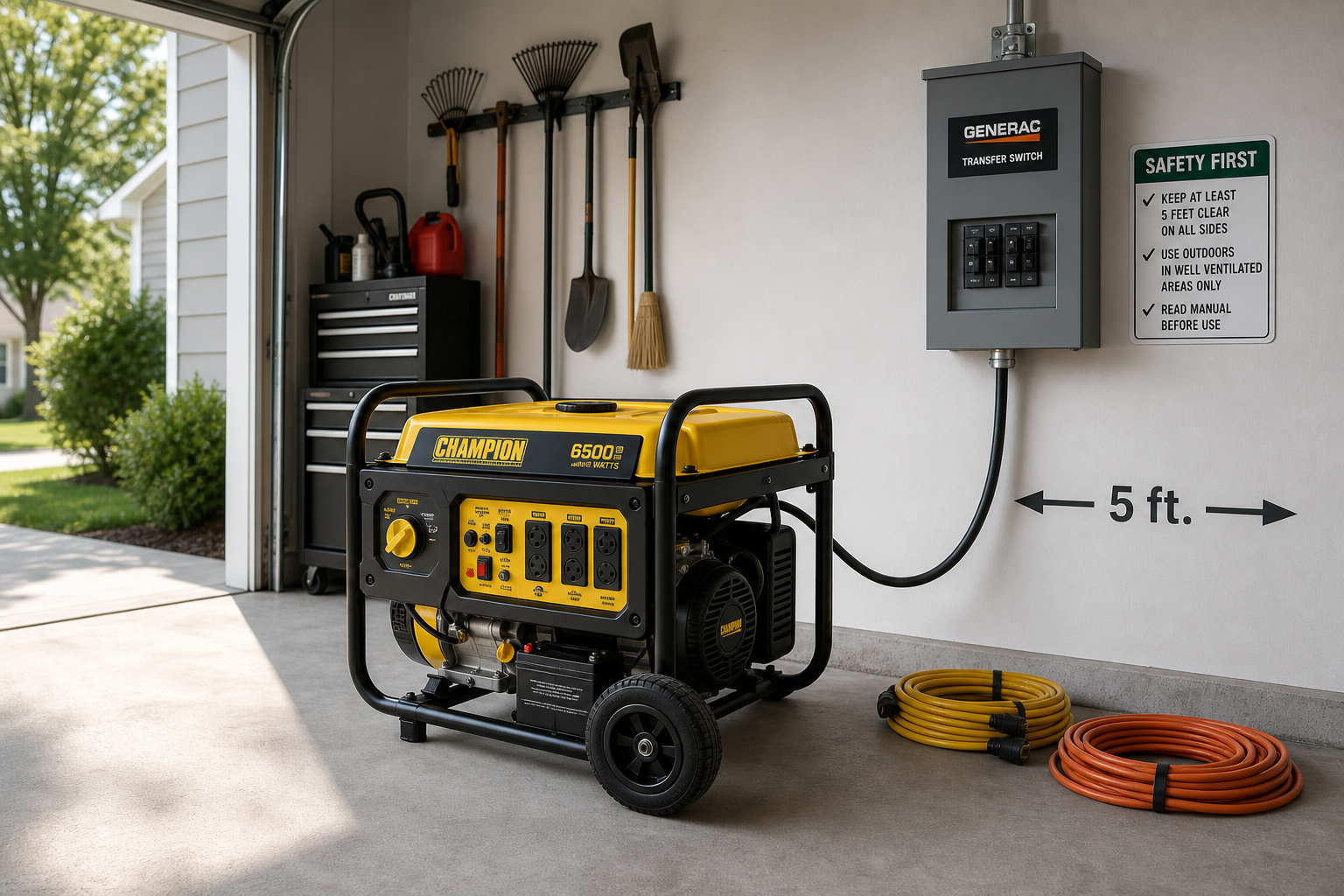 Portable generator properly positioned in residential garage with ventilation space and electrical connections