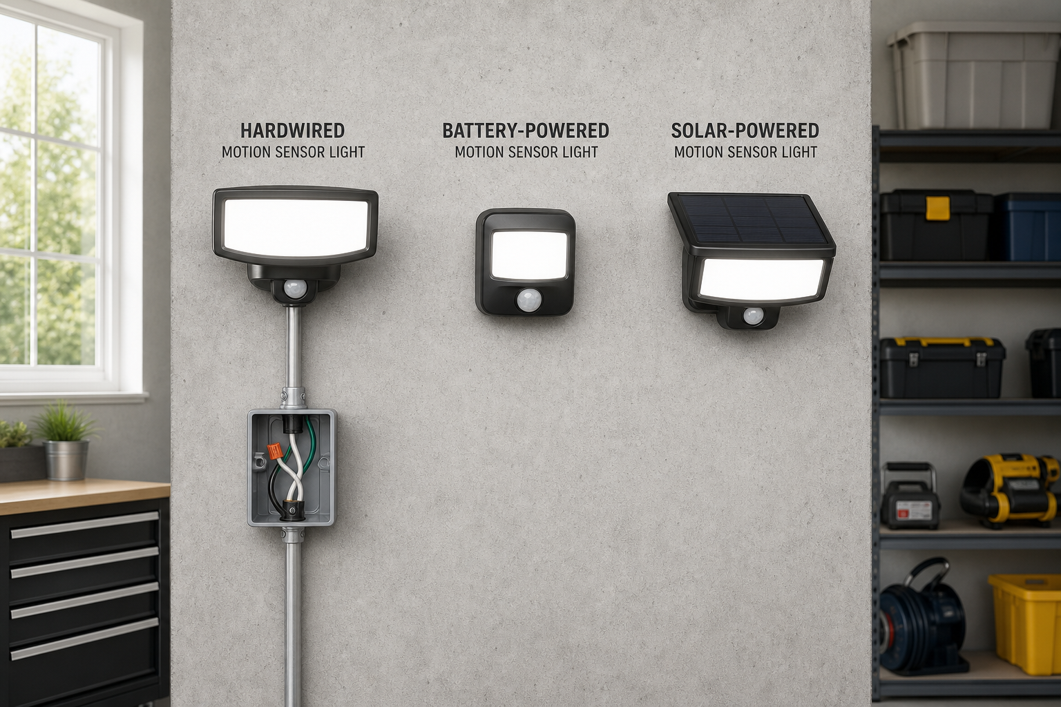 Three different garage motion sensor lights showing hardwired, battery-powered, and solar-powered options