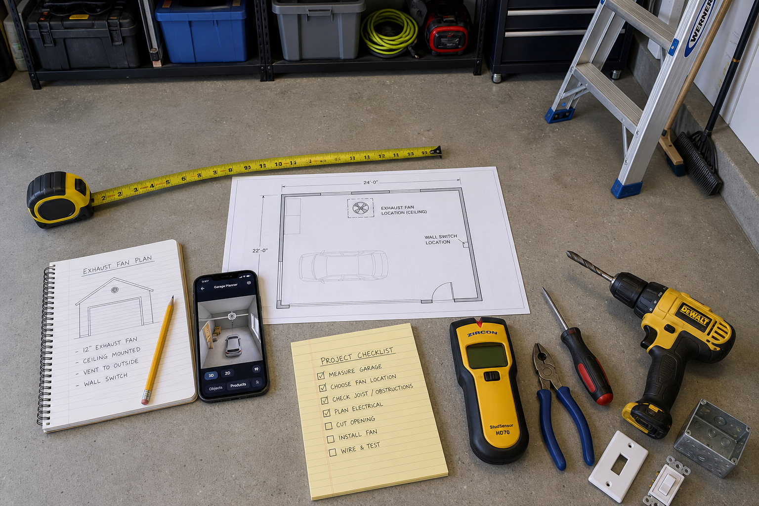 Garage planning setup with measuring tools, blueprints, and installation planning materials