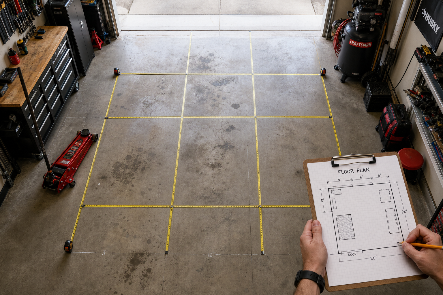 Garage floor being measured and planned for mat installation with equipment placement considerations