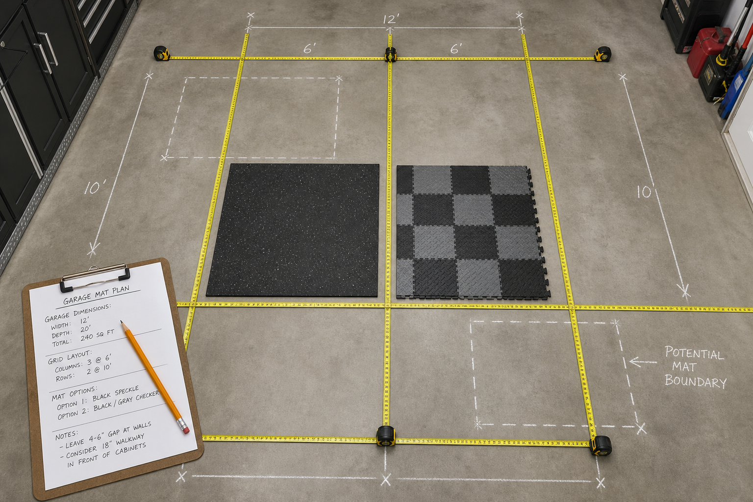 Measuring tape and planning materials laid out on a garage floor