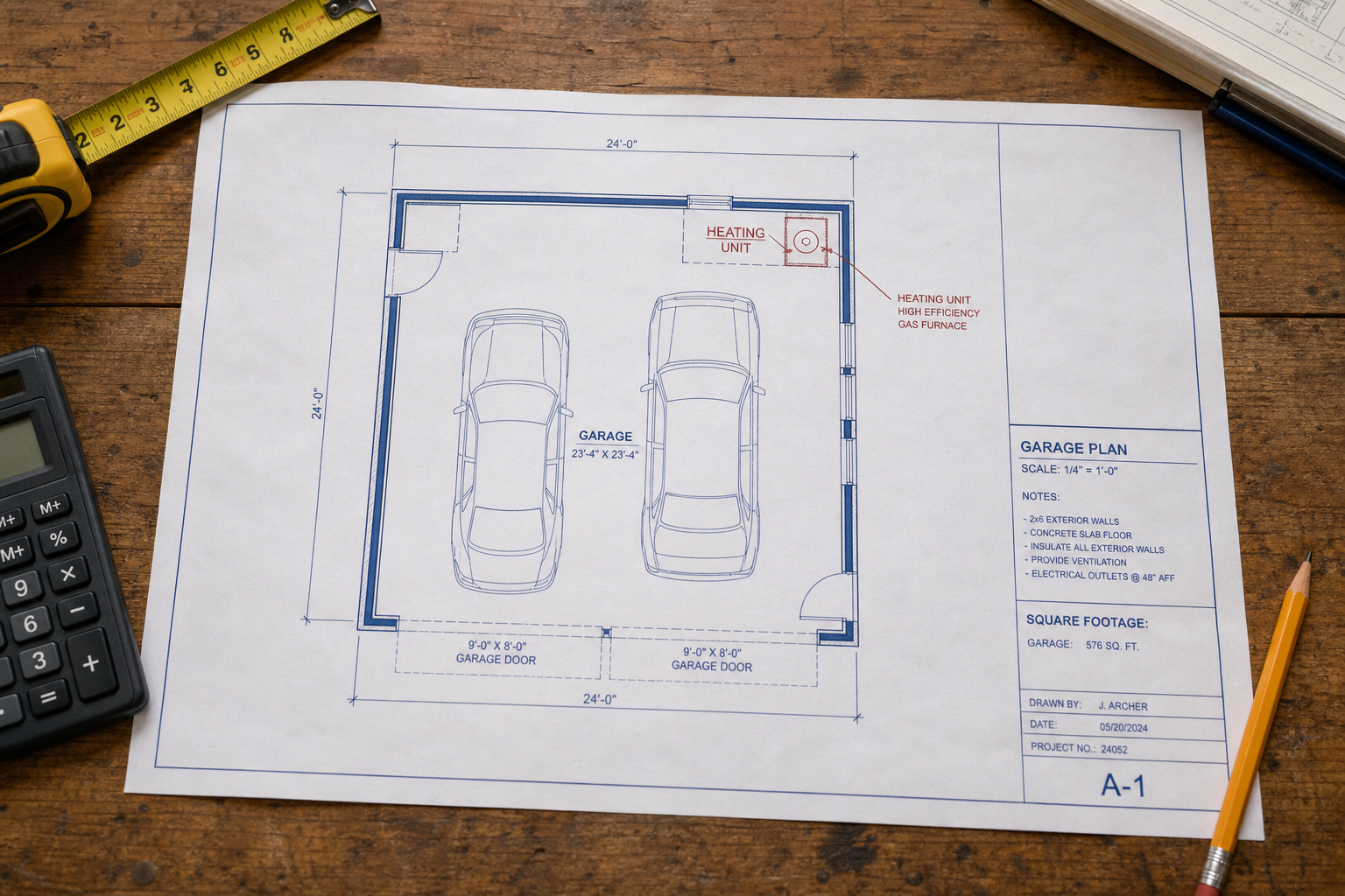 Garage heating planning materials and blueprints on workbench