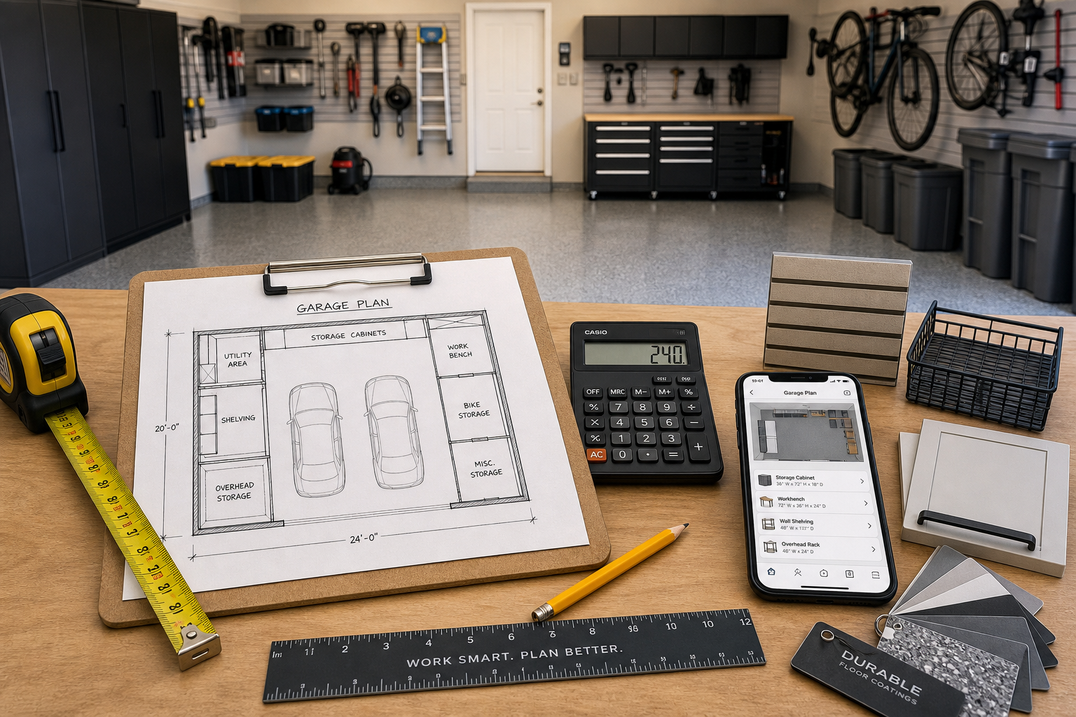 Garage organization planning materials including floor plan sketch, measuring tools, and calculator