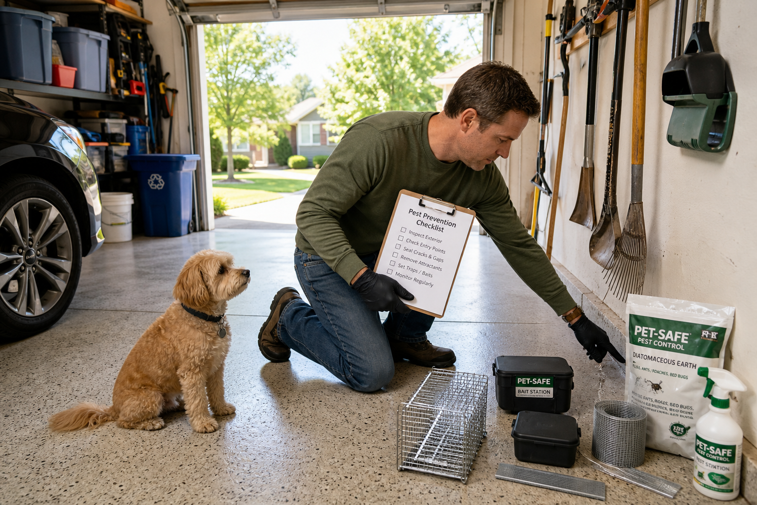 Person planning pest control in garage with checklist and supplies, accompanied by a small dog