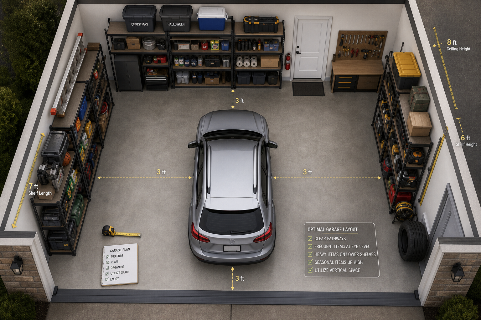 Well-planned garage layout showing strategic shelving placement and organization