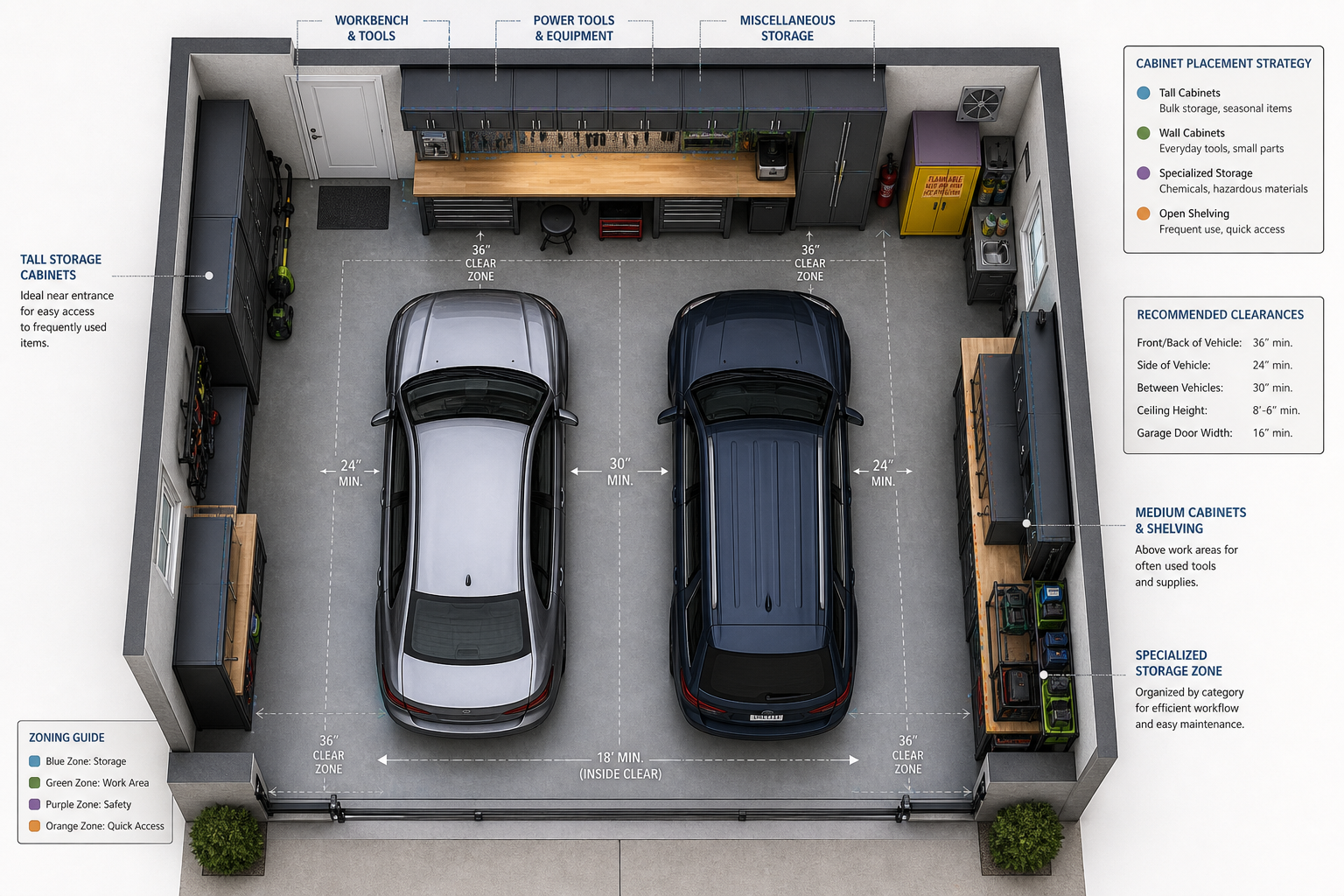 Garage layout showing strategic placement of storage cabinets for optimal organization and accessibility