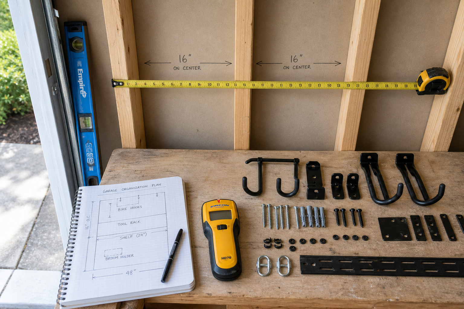 Planning layout for garage wall hooks with measuring tools and hardware on workbench