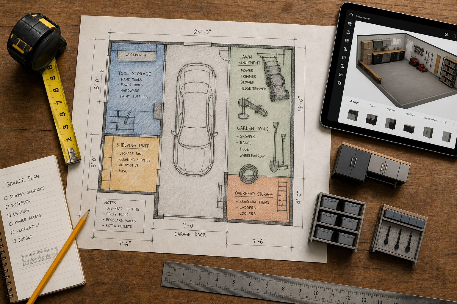 Overhead view of garage planning materials including blueprints, measuring tape, and planning tools