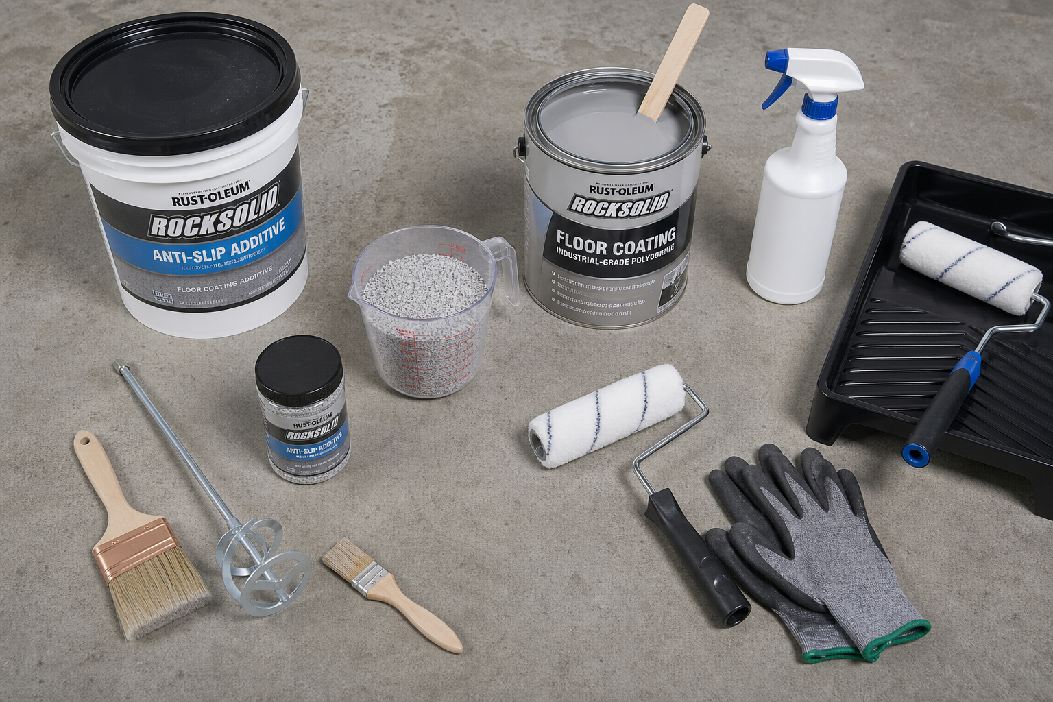 Garage floor coating tools and anti-slip additives arranged for application
