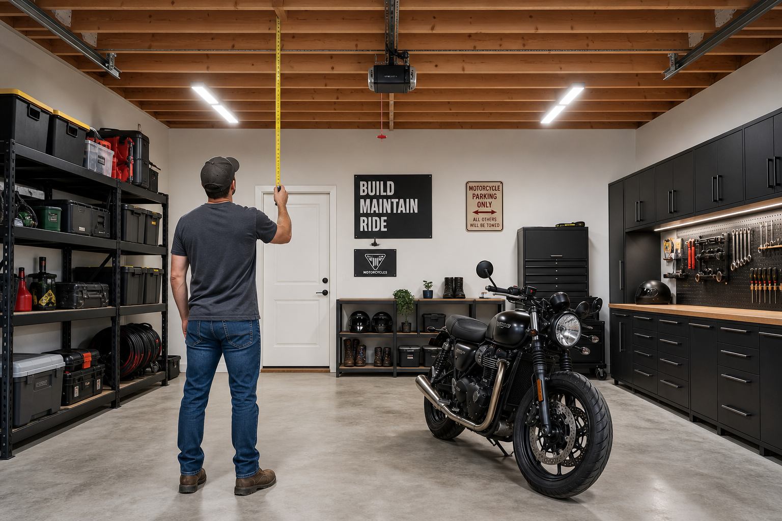Person measuring garage ceiling height while planning motorcycle storage lift installation