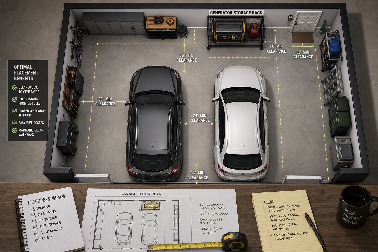 Garage layout planning showing optimal generator rack placement with measuring tools
