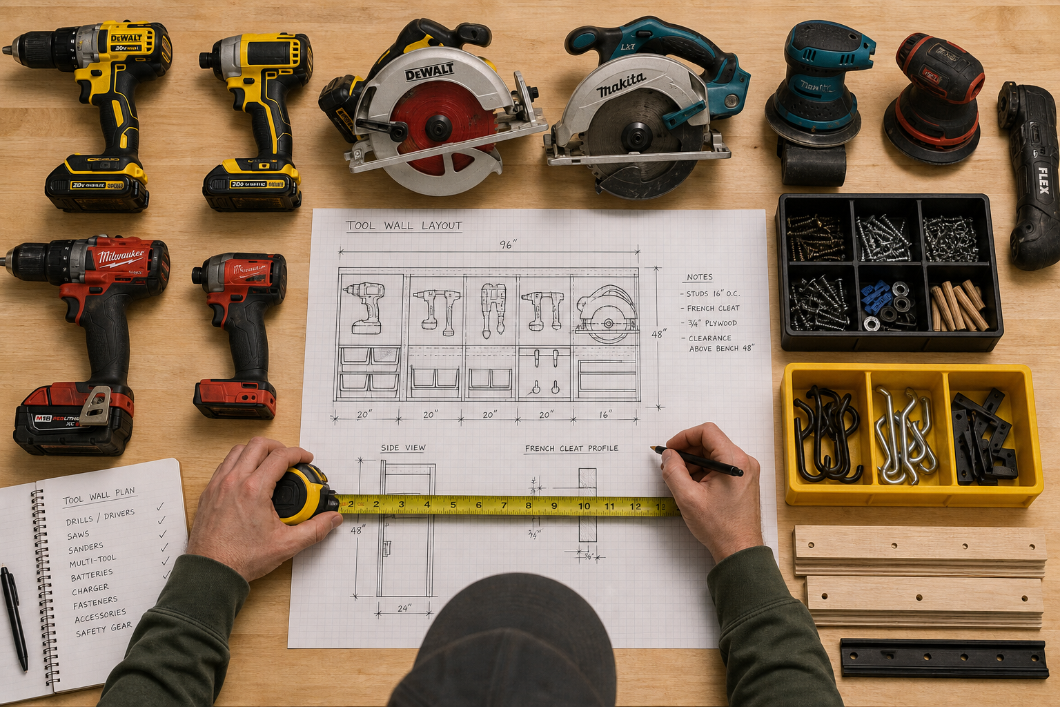 Overhead view of hands planning power tool storage layout with tools and measuring equipment on workbench