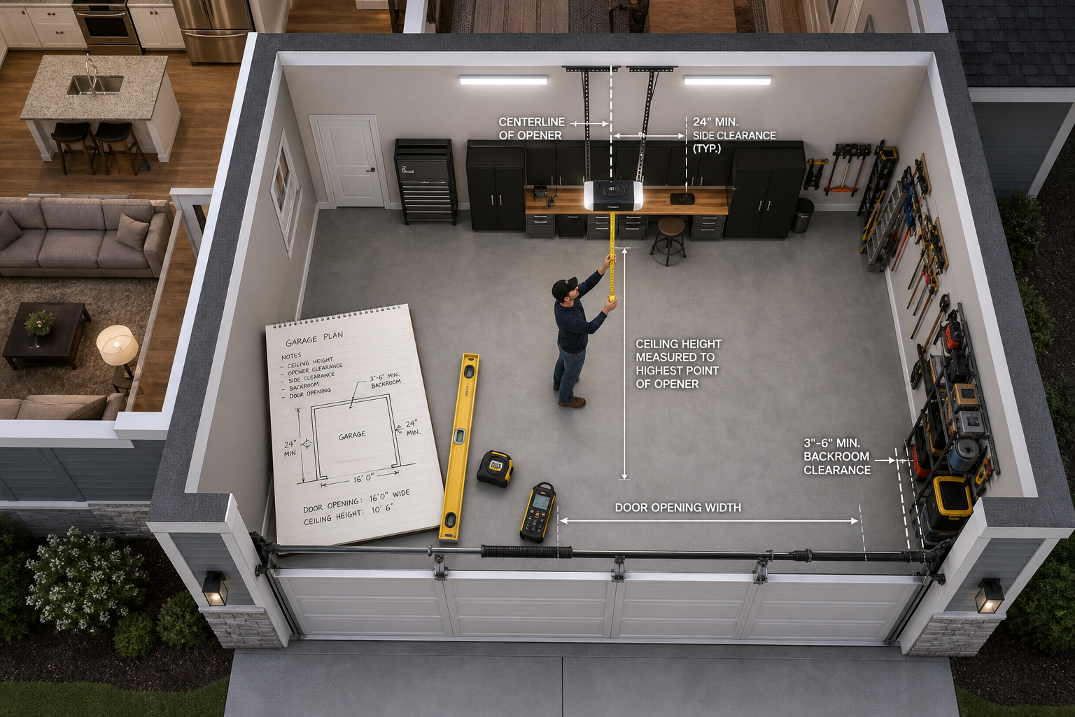 Overhead view of garage measurement and planning process with tools